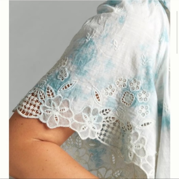 Anthropologie Lace Trimmed Tie Dye and Embroidered Cotton Tie Neck Top - Picture 3 of 15